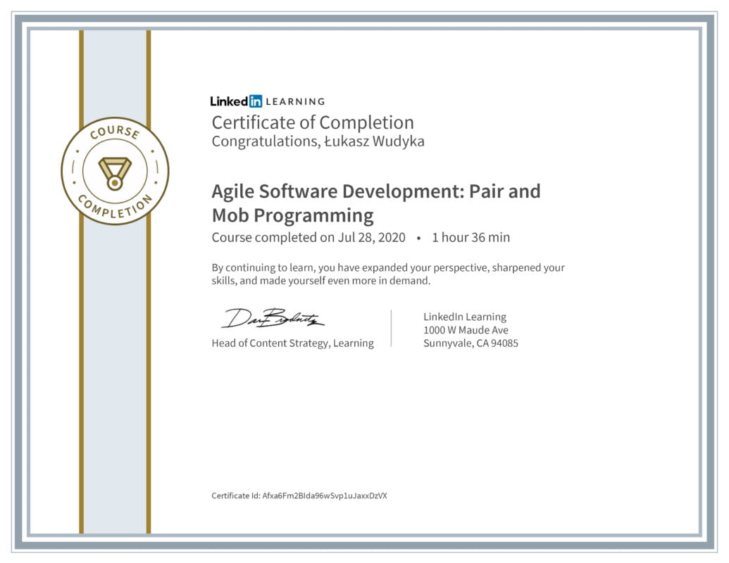 Łukasz Wudyka opinie o platformach szkoleniowych - Linkedin LEARNING - Agile Software Development: Pair and Mob Programming