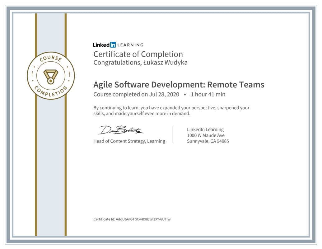 Łukasz Wudyka opinie - Linkedin LEARNING - Agile Sofware Development: Remote Teams