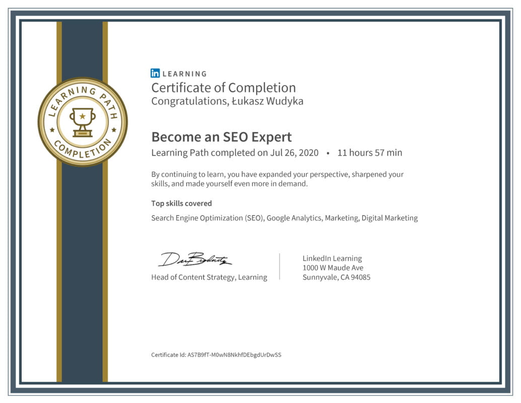 Łukasz Wudyka opinie - Linkedin LEARNING - Become an SEO Expert