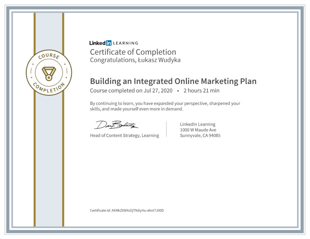 Łukasz Wudyka opinie - Linkedin LEARNING - Building an Integrated Online Marketing Plan