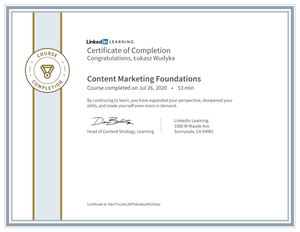 Łukasz Wudyka opinie - Linkedin LEARNING - Content Marketing Foundations