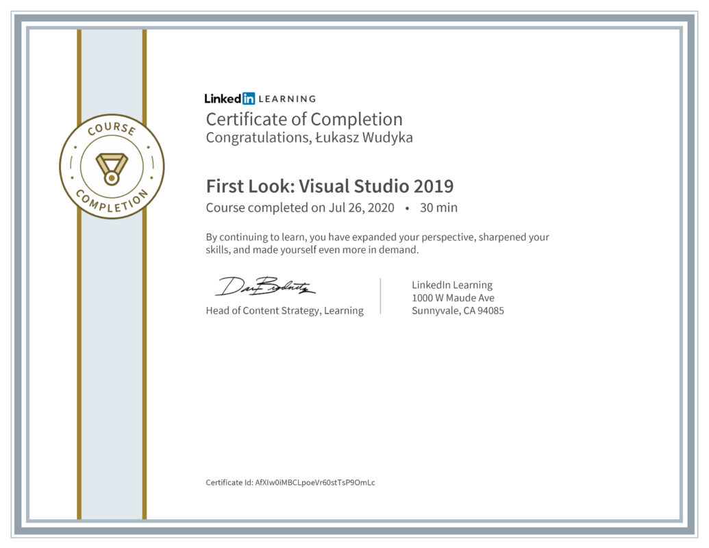 Łukasz Wudyka opinie - Linkedin LEARNING - First Look: Visual Studio 2019