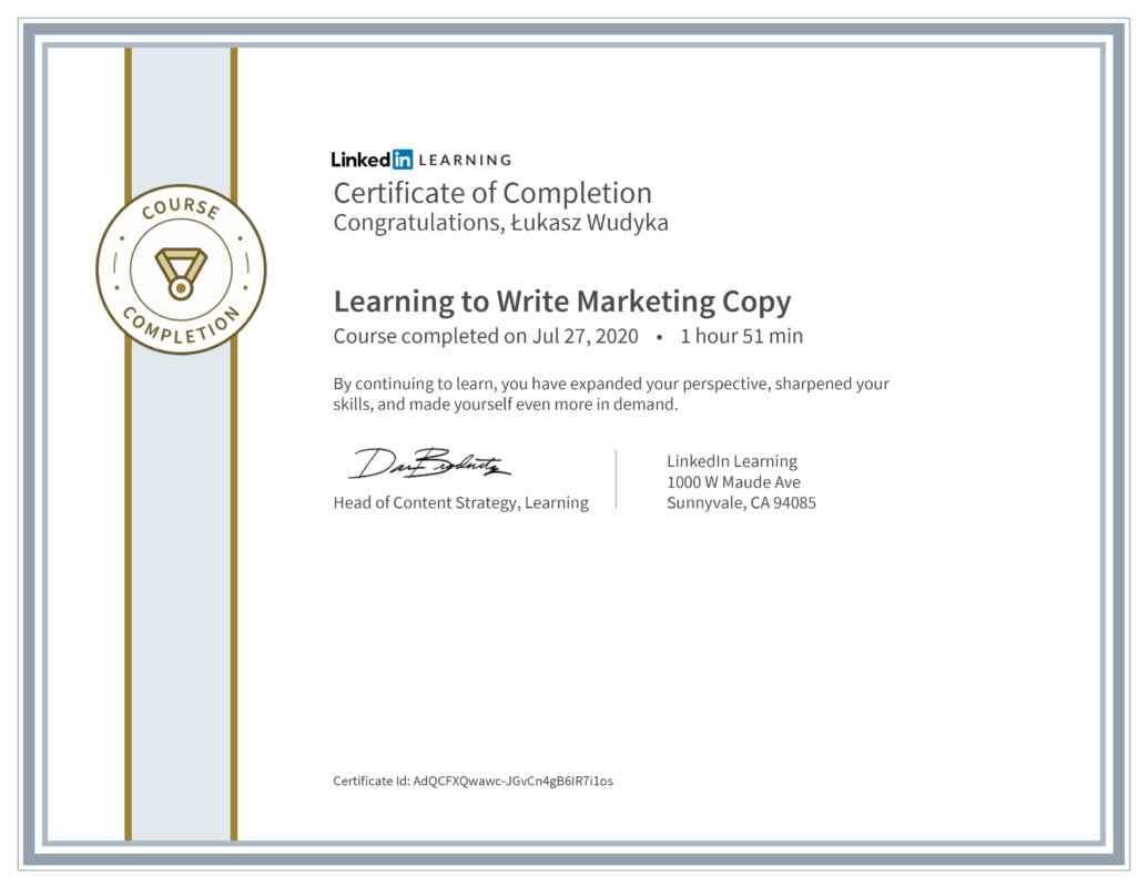 Łukasz Wudyka opinie - Linkedin LEARNING - Learning to Write Marketing Copy