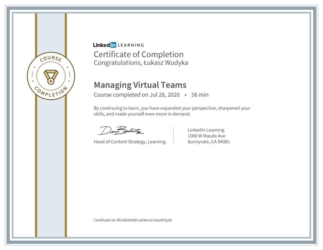 Łukasz Wudyka opinie - Linkedin LEARNING - Menaging Virtual Teams