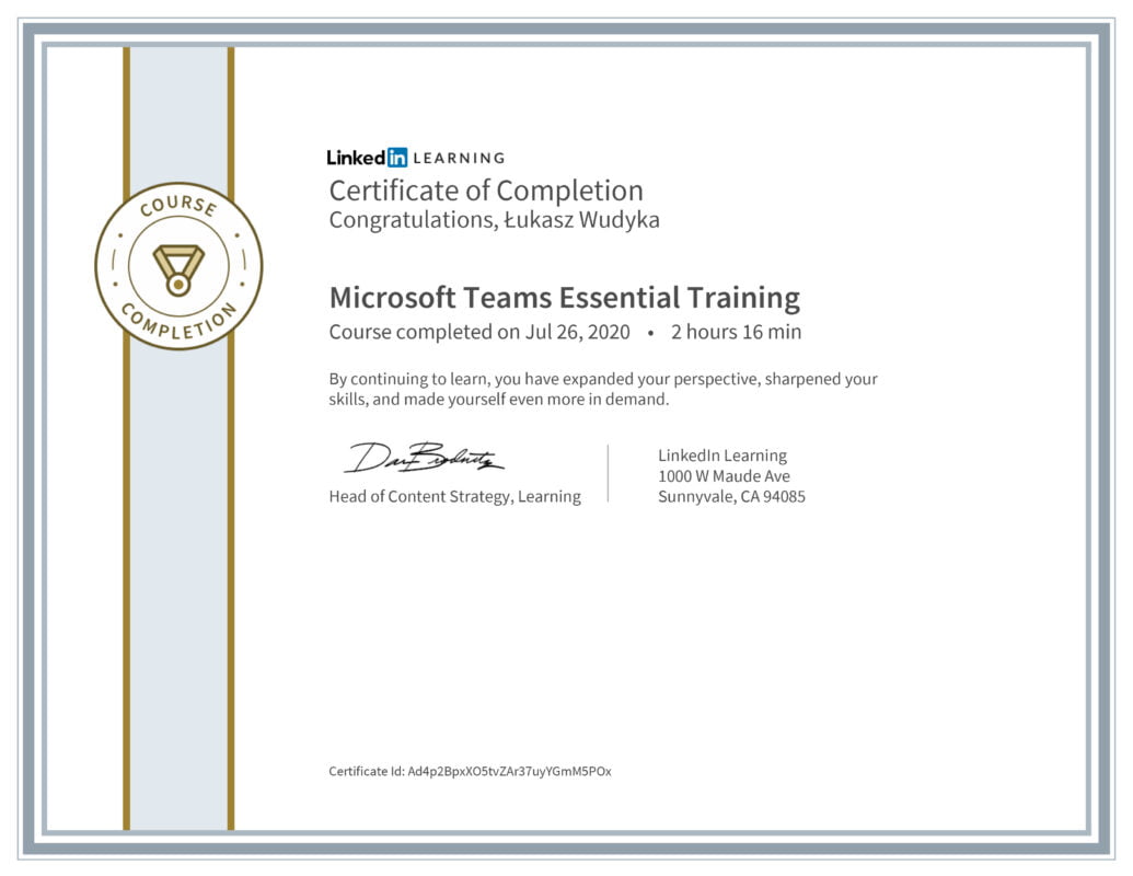 Łukasz Wudyka opinie - Linkedin LEARNING - Microsoft Teams Essential Traning